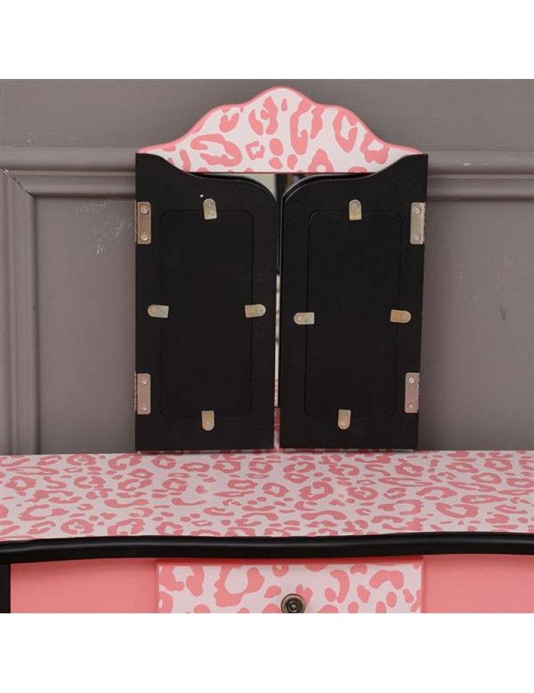 【FCH】Three-Fold Mirror Single Drawer Arc Feet Children Dresser Red Leopard Print