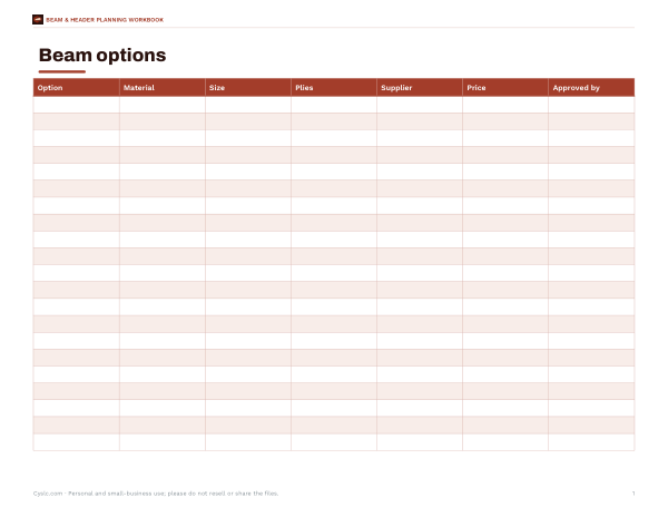 Preview of Printable Beam Options Comparison Sheet